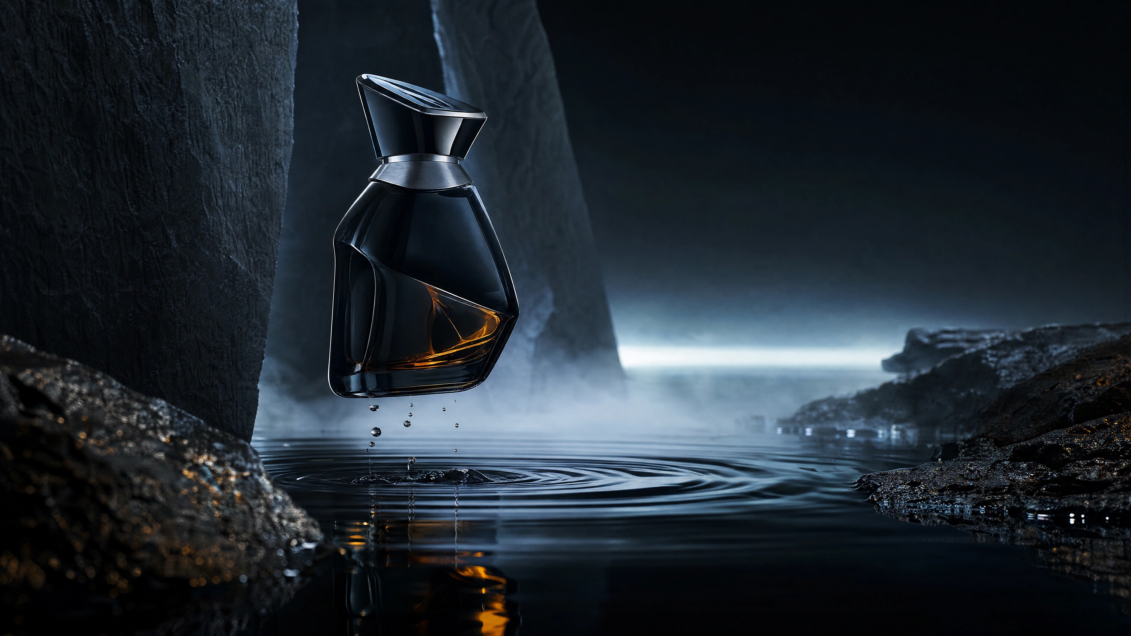 Delivery-ready 4K campaign image of a sculptural black fragrance bottle suspended above reflective water.