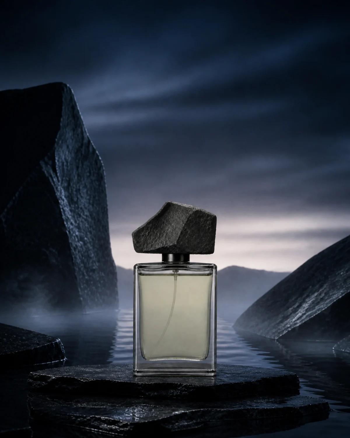 Portrait fragrance campaign image with the glass bottle centred between tall dark rocks above reflective water.