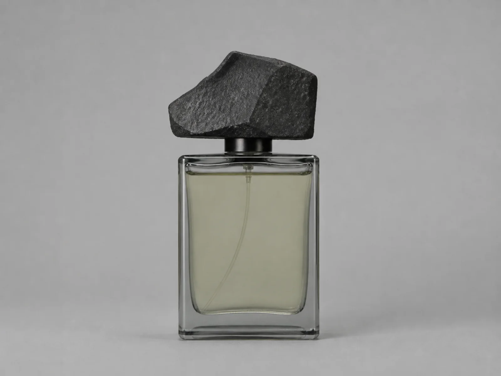 Studio packshot of a clear rectangular fragrance bottle with a sculptural black cap on a light grey background.