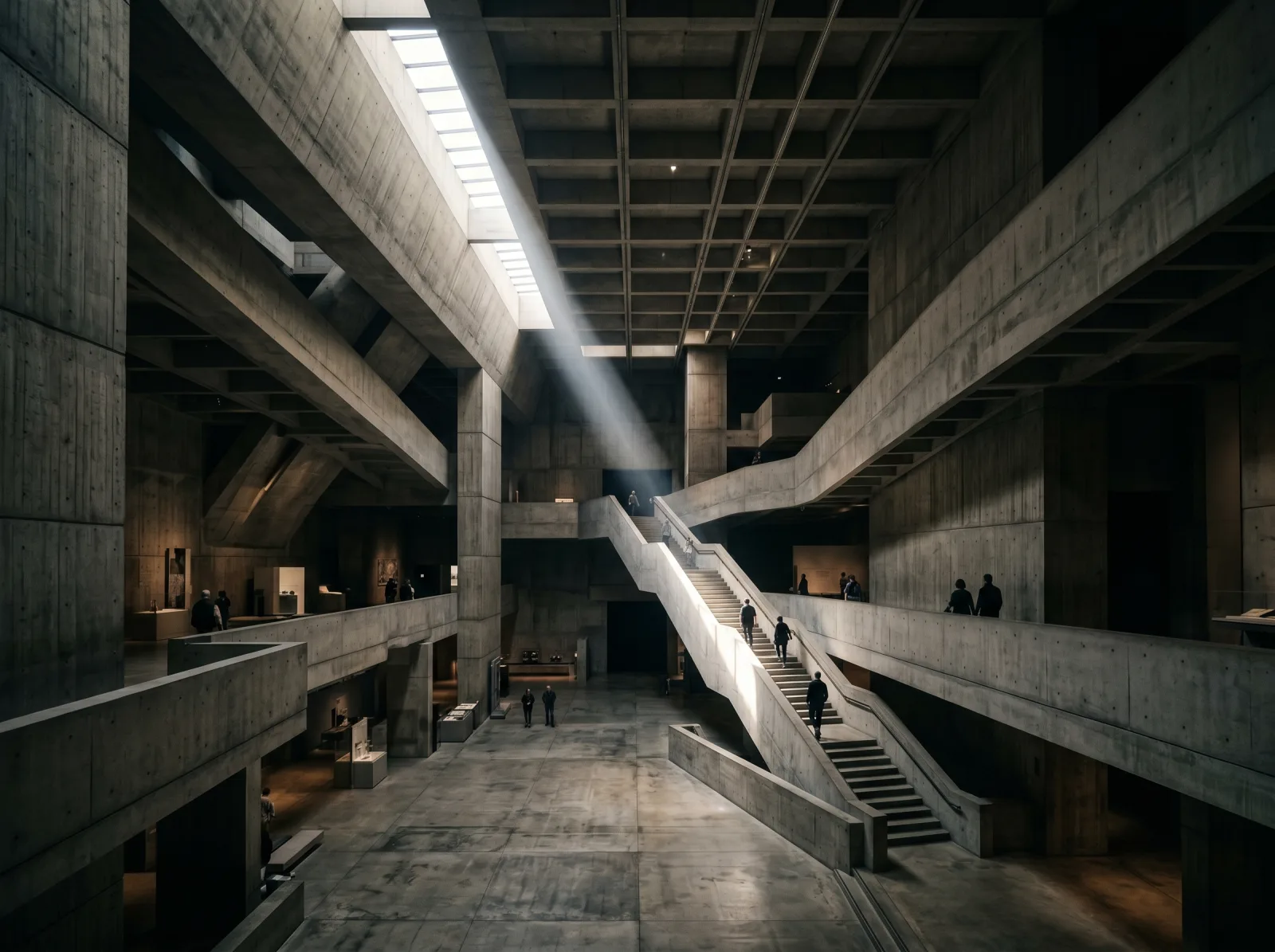 Large brutalist concrete interior with intersecting ramps and controlled daylight