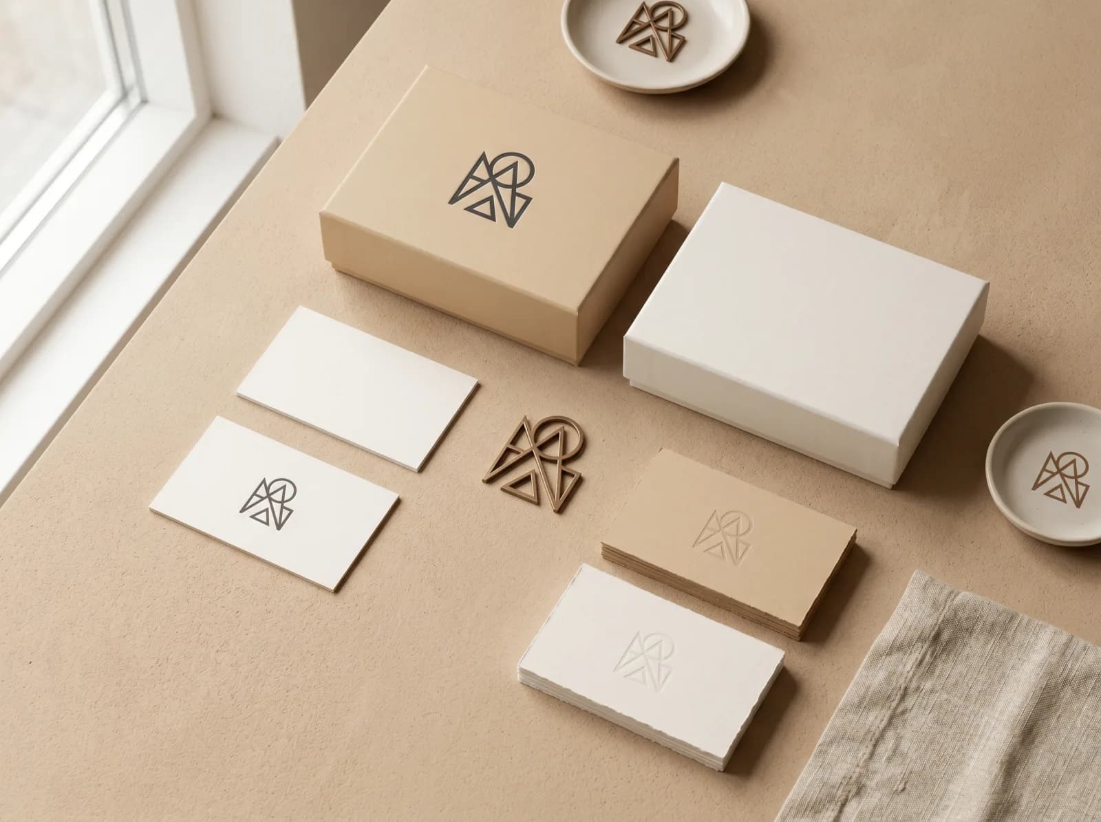 Neutral packaging, cards, and identity objects arranged as a coherent brand system