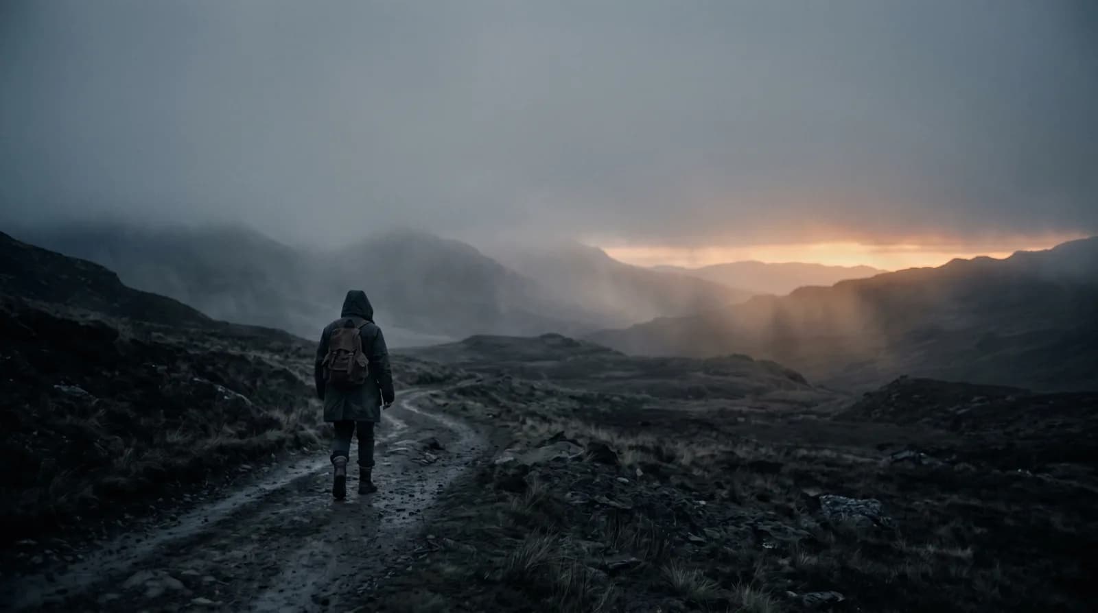 Figure crossing a dark mountain landscape at the edge of sunrise
