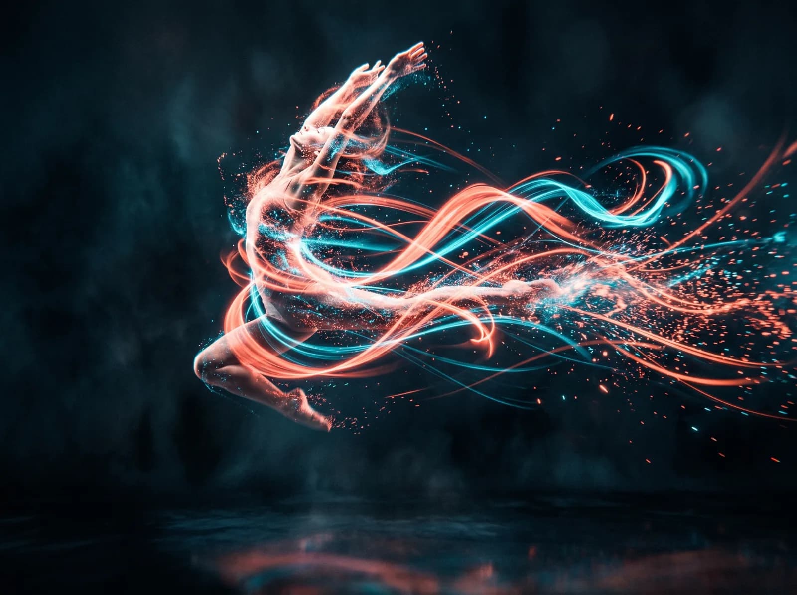 Dancer surrounded by intersecting light trails as a motion-direction frame