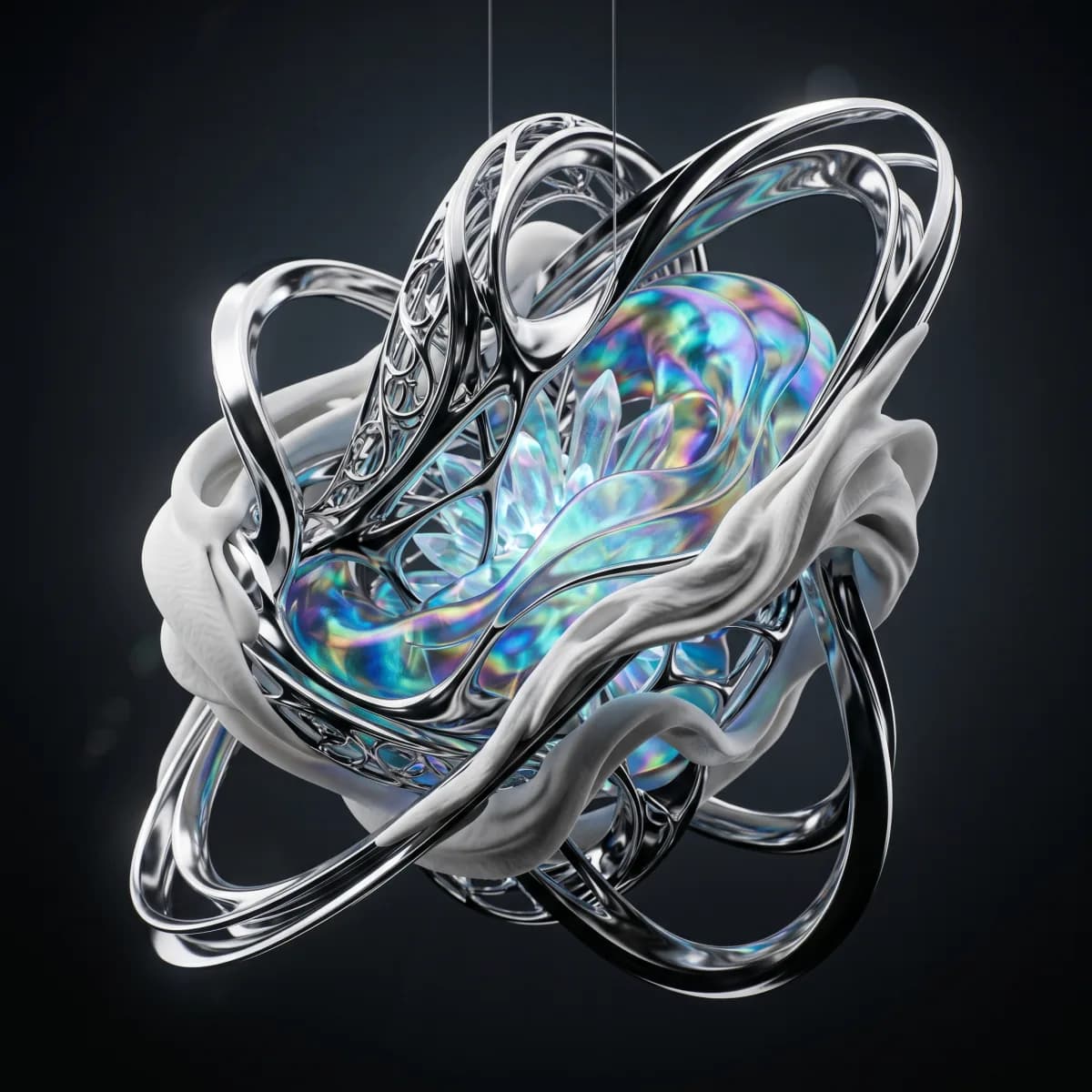 Reflective sculptural 3D object made from chrome and iridescent materials