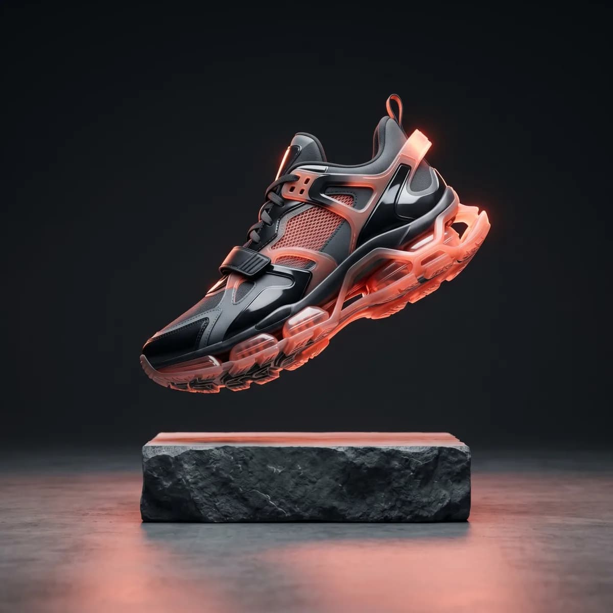 Detailed footwear product study suspended above a dark mineral plinth