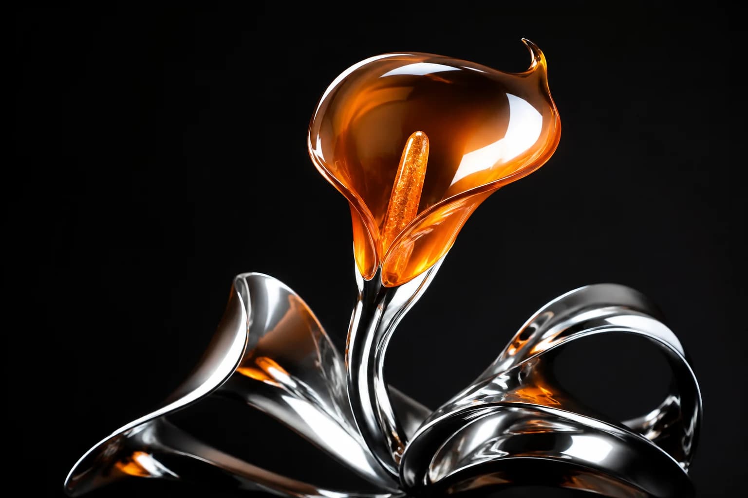 A sculptural chrome flower with translucent orange petals in a dark studio