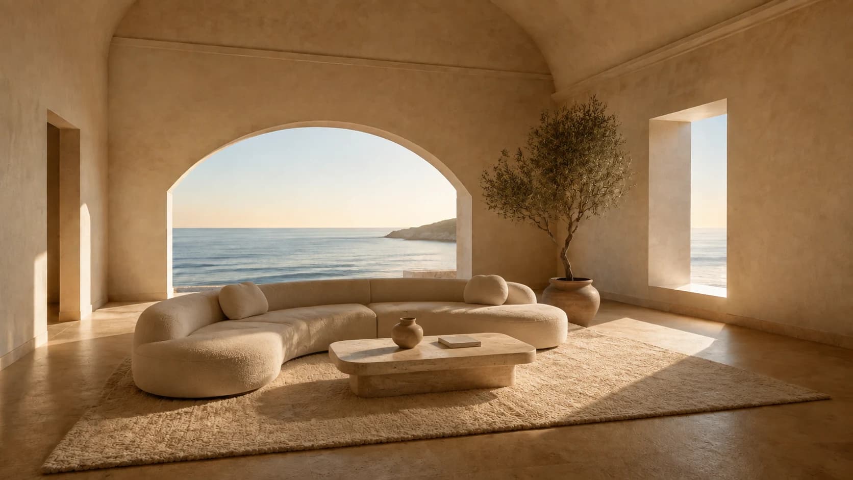 Warm Mediterranean lounge with sculptural furniture and an arched sea view